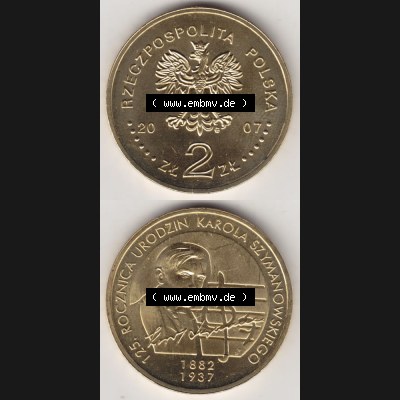 Münzen Polen Gedenkmünze 2007-2007, 2 Zloty, 125. Geburtstag von Karol Szymanowski, Münzseiten Untereinander als Bildmaterial Sammlung