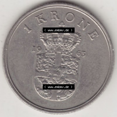 Münzen Dänemark Umlaufmünze 1960-1972, 1 Krone 1963, König Frederick IX. Rückseite der alten dänischen Umlaufmünze aus Dänemark zum katalogisieren... Sammlung