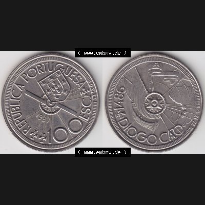 Münzen Portugal Gedenkmünze 1987-1987, 100 Escudo, Diogo Cao 1486. Vorderseite und Rückseite auf einen Bild/Foto der portugiesischen Gedenkmünze aus Portugal... Sammlung