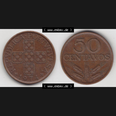 Münzen Portugal Umlaufmünze 1969-1979, 50 Centavos 1974. Vorderseite und Rückseite auf einen Bild/Foto der portugiesischen Umlaufmünze aus Portugal vor der Euro-Einführung... Sammlung
