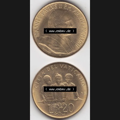 Münzen Vatikan / Vatikanstadt Umlaufmünze 1992-1992, 20 Lire Papst Giovanni Paolo II, Münzseiten Untereinander als Bildmaterial. Münze aus dem Vatikan der Vatikanstadt... Sammlung