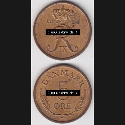 Münzen Dänemark Umlaufmünze 1964, 5 Öre. Vorderseite und Rückseite vertikal auf einen digitalen Bild der alten dänischen Umlaufmünze aus Dänemark zum... Sammlung