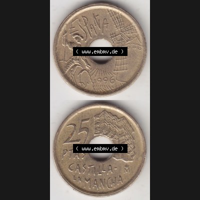 Münzen Spanien Umlaufmünze 1996-1996, 25 PTAS - Peseten 1996, Münze aus Spanien, Umlaufmünze / aus Zahlungsverkehr mit Münzseiten Vertikal / Untereinander... Sammlung