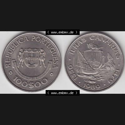 Münzen Portugal Gedenkmünze 1989-1989, 100 Escudos Ilhas Canarias. Vorderseite und Rückseite auf einen Bild/Foto der portugiesischen Gedenkmünze aus Portugal vor der... Sammlung
