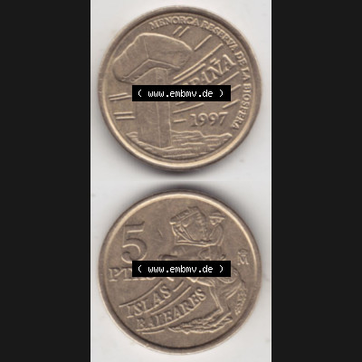 Münzen Spanien Umlaufmünze 1997-1997, 5 Peseten 1997, Münze aus Spanien, Umlaufmünze / aus Zahlungsverkehr mit Münzseiten Vertikal / Untereinander auf... Sammlung