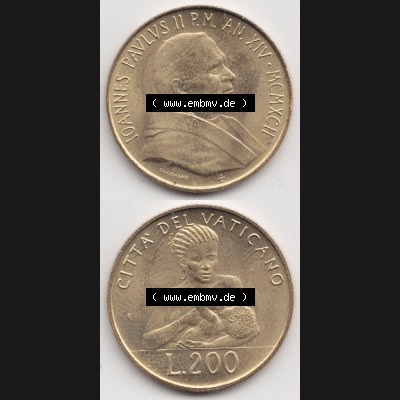 Münzen Vatikan / Vatikanstadt Umlaufmünze 1992-1992, 200 Lire Papst Giovanni Paolo II, Münzseiten Untereinander als Bildmaterial. Münze aus dem Vatikan der Vatikanstadt... Sammlung