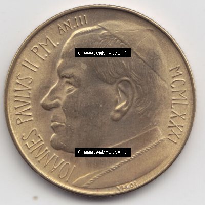 Münzen Vatikan / Vatikanstadt Umlaufmünze 1981-1981, 200 Lire Papst Johannes Paul II, Bild mit Vorderseite der Münze als Bildmaterial. Münze aus dem Vatikan der... Sammlung