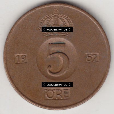 Münzen Schweden Umlaufmünze 1952-1971, 5 Öre 1957, Bild mit Rückseite der Münze als Bildmaterial Sammlung