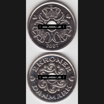 Münzen Dänemark Umlaufmünze 2007, 2 Kroner, Kronen. Vorderseite und Rückseite vertikal auf einen digitalen Bild der alten dänischen Umlaufmünze aus Dänemark... Sammlung