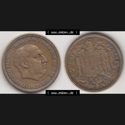 Münzen Spanien Umlaufmünze 1953-1953, 2,50 Peseten 1953, Bild mit Vollansicht als Bildmaterial Sammlung