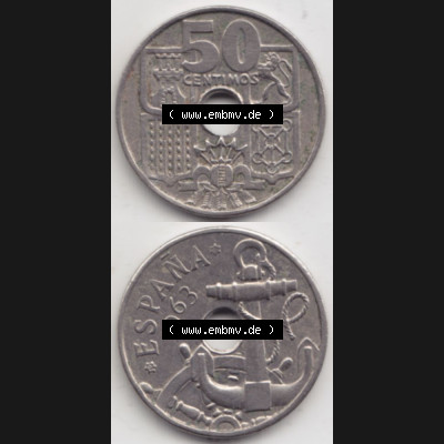 Münzen Spanien Umlaufmünze 1949-1963, 50 Centimos 1963, Münze aus Spanien, Umlaufmünze / aus Zahlungsverkehr mit Münzseiten Vertikal / Untereinander auf... Sammlung
