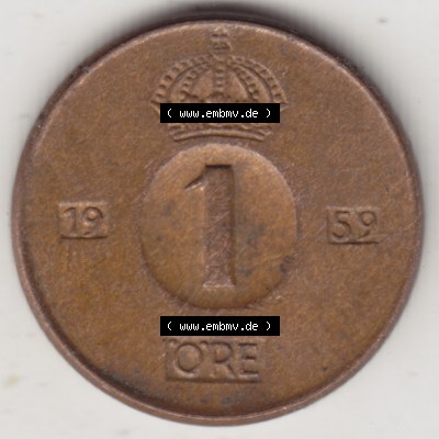 Münzen Schweden Umlaufmünze 1952-1971, 1 Öre 1959. Münzen aus Schweden als Bildmaterial für Sammler und Münzen-Webseiten hier im online Katalog und Datenbank... Sammlung