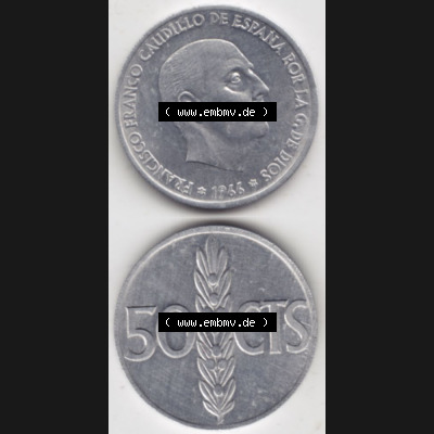 Münzen Spanien Umlaufmünze 1966-1966, 50 Centomis, Münze aus Spanien, Umlaufmünze / aus Zahlungsverkehr mit Münzseiten Vertikal / Untereinander auf einen... Sammlung