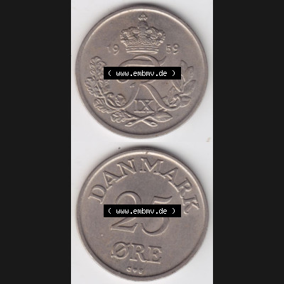 Münzen Dänemark Umlaufmünze 1959, 25 Öre. Vorderseite und Rückseite vertikal auf einen digitalen Bild der alten dänischen Umlaufmünze aus Dänemark zum... Sammlung
