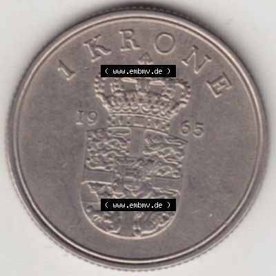 Münzen Dänemark Umlaufmünze 1960-1972, 1 Krone 1965, König Frederick IX. Rückseite der alten dänischen Umlaufmünze aus Dänemark zum katalogisieren... Sammlung