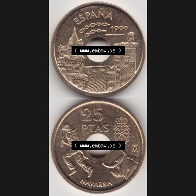 Münzen Spanien Umlaufmünze 1999-1999, 25 PTAS, Peseten 1999, Münze aus Spanien, Umlaufmünze / aus Zahlungsverkehr mit Münzseiten Vertikal / Untereinander... Sammlung