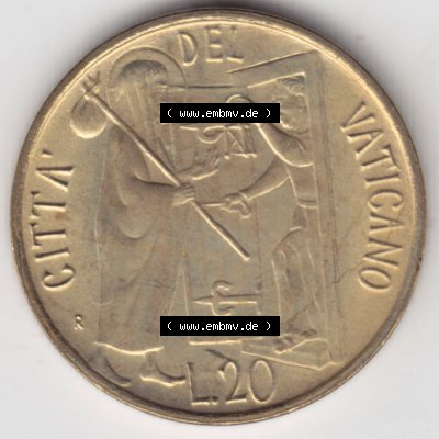 Münzen Vatikan / Vatikanstadt Umlaufmünze 1981-1981, 20 Lire Papst Johannes Paul II, Bild mit Rückseite der Münze als Bildmaterial. Münze aus dem Vatikan... Sammlung