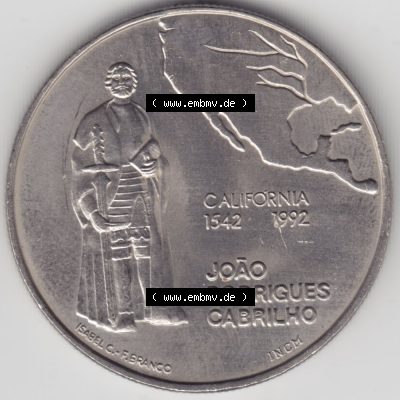 Münzen Portugal Gedenkmünze 1992-1992, 200 Escudos, California 1542-1992, Joao Rodrigues Cabrilho. Rückseite der portugiesischen Gedenkmünze aus Portugal vor... Sammlung