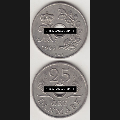 Münzen Dänemark Umlaufmünze 1966-1972, 25 Öre 1968 II.. Vorderseite und Rückseite vertikal auf einen digitalen Bild der alten dänischen Umlaufmünze... Sammlung