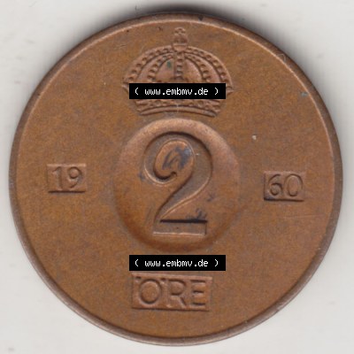 Münzen Schweden Umlaufmünze 1952-1971, 2 Öre 1960, Bild mit Rückseite der Münze als Bildmaterial Sammlung