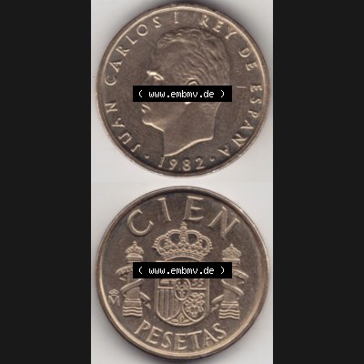 Münzen Spanien Umlaufmünze 1982-1990, 100 Cien Peseten 1982, Münze aus Spanien, Umlaufmünze / aus Zahlungsverkehr mit Münzseiten Vertikal / Untereinander... Sammlung