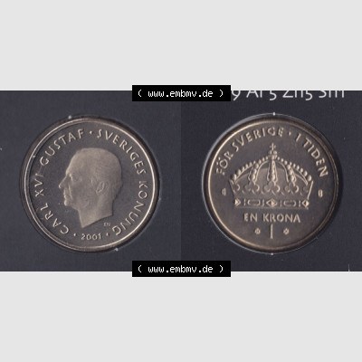 Münzen Schweden Umlaufmünze 2001-2012, 1 Krone 2001 KMS, Bild mit Vollansicht als Bildmaterial Sammlung