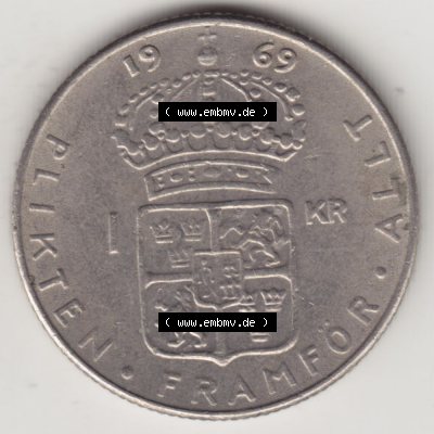 Münzen Schweden Umlaufmünze 1968-1973, 1 Krone 1969, Bild mit Rückseite der Münze als Bildmaterial Sammlung