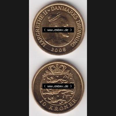 Münzen Dänemark Umlaufmünze 2008, 10 Kroner, Kronen. Vorderseite und Rückseite vertikal auf einen digitalen Bild der alten dänischen Umlaufmünze aus Dänemark... Sammlung