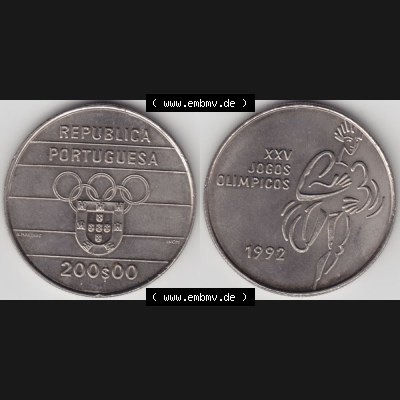 Münzen Portugal Gedenkmünze 1992-1992, 200 Escudo, XXV Jogos Olimpicos. Vorderseite und Rückseite auf einen Bild/Foto der portugiesischen Gedenkmünze aus Portugal... Sammlung