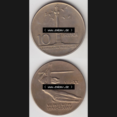 Münzen Polen Gedenkmünze 1965-1965, 10 Zloty 700 Jahre Warschau, Sigismundssäule, Münzseiten Untereinander als Bildmaterial Sammlung