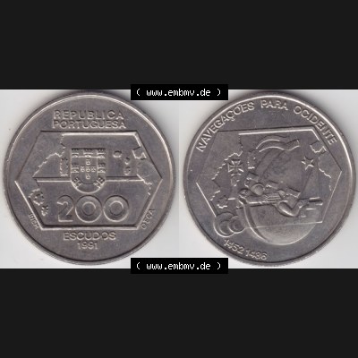 Münzen Portugal Gedenkmünze 1992-1992 200 Escudo, Navegagoes Para Ocidente 1452-1486. Vorderseite und Rückseite auf einen Bild/Foto der portugiesischen Gedenkmünze... Sammlung