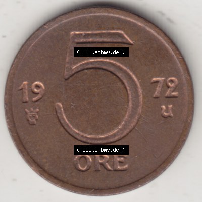 Münzen Schweden Umlaufmünze 1972-1973, 5 Öre 1972, Bild mit Rückseite der Münze als Bildmaterial Sammlung