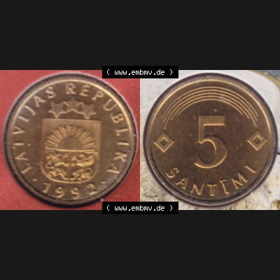 Münzen Lettland Umlaufmünze 1992-2009, 5 Centimes 1992, aus Münzensatz Bild mit horizontaler Vollansicht als Bildmaterial Sammlung
