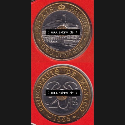 Münzen Monaco Umlaufmünze 1992-1997, 20 Francs 1995, Münzseiten Untereinander als Bildmaterial Sammlung