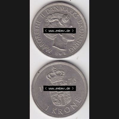 Münzen Dänemark Umlaufmünze 1976, 1 Krone. Vorderseite und Rückseite vertikal auf einen digitalen Bild der alten dänischen Umlaufmünze aus Dänemark zum katalogisieren... Sammlung