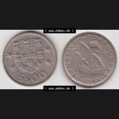 Münzen Portugal Umlaufmünze 1963-1986, 5 Escudos 1984. Vorderseite und Rückseite auf einen Bild/Foto der portugiesischen Umlaufmünze aus Portugal vor der Euro-Einführung... Sammlung