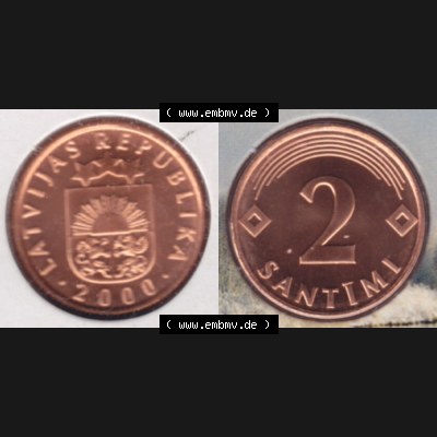 Münzen Lettland Umlaufmünze 1992-2009, 2 Centimes 2000, aus Münzensatz Bild mit horizontaler Vollansicht als Bildmaterial Sammlung