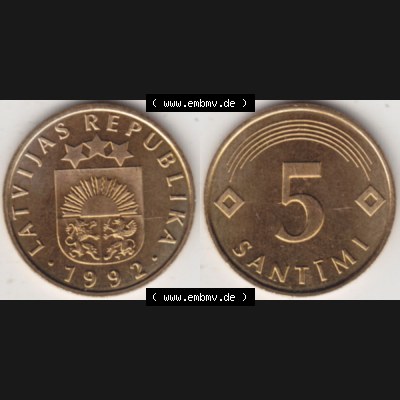 Münzen Lettland Umlaufmünze 1992-2009, 5 Santimi 1992, Bild mit horizontaler Vollansicht als Bildmaterial Sammlung