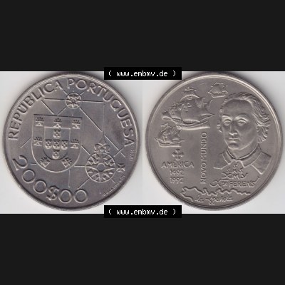 Münzen Portugal Gedenkmünze 1992-1992, 200 Escudos, America 1492-1992, Novomundo, Xpo Perens. Vorderseite und Rückseite auf einen Bild/Foto der portugiesischen... Sammlung