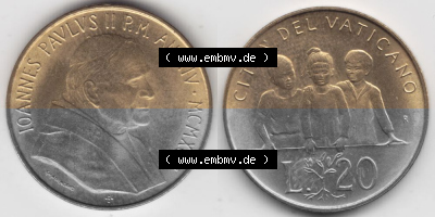 Münzen Vatikan / Vatikanstadt Umlaufmünze 1992-1992, 20 Lire Papst Giovanni Paolo II, Bild mit Vollansicht als Bildmaterial.... Sammlung