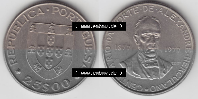 Münzen Portugal Gedenkmünze 1977-1977, 25 Escudo 1877-1977 Centenario Da Morte De Alexandre Herculano. Vorderseite und Rückseite... Sammlung