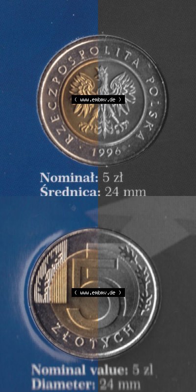 Münzen Polen KMS Umlaufmünze 1996, 5 Zloty, Münzseiten Untereinander als Bildmaterial Sammlung