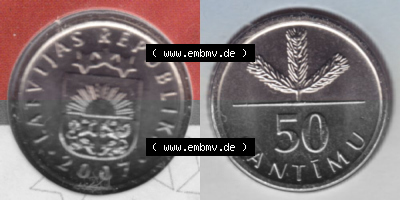 Münzen Lettland Umlaufmünze 1992-2009, 50 Centimes 2007, aus Münzensatz Bild mit horizontaler Vollansicht als Bildmaterial Sammlung