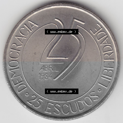 Münzen Portugal Gedenkmünze 1984-1984, 25 Escudos Democracia Liberdade, Abril 1984, Demokratie und Freiheit . Rückseite der... Sammlung