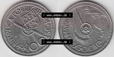 Münzen Portugal Gedenkmünze 1987-1987, 100 Escudo, Diogo Cao 1486. Vorderseite und Rückseite auf einen Bild/Foto der portugiesischen... Sammlung