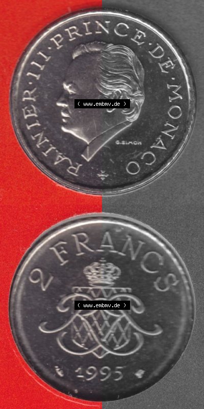 Münzen Monaco Umlaufmünze 1995-1995, 2 Francs 1995, Münzseiten Untereinander als Bildmaterial Sammlung