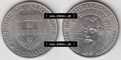 Münzen Portugal Gedenkmünze 1981-1981, 25 Escudos, Ano Internacional do Deficiente 1981 Internationales Jahr der Behinderten.... Sammlung