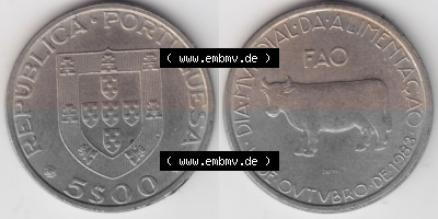 Münzen Portugal Gedenkmünze 1983-1983, 5 Escudos Da Mvndial Da Alimentacao, 16 De Ovtvbro De 1983. Vorderseite und Rückseite... Sammlung