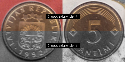 Münzen Lettland Umlaufmünze 1992-2009, 5 Centimes 1992, aus Münzensatz Bild mit horizontaler Vollansicht als Bildmaterial Sammlung