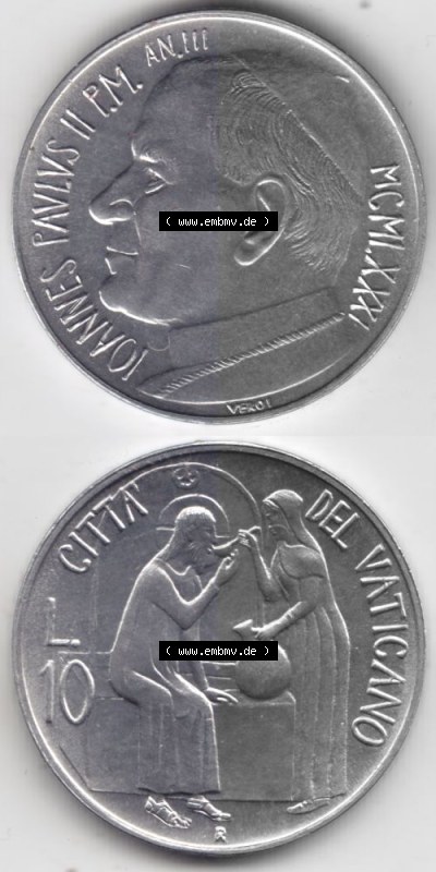 Münzen Vatikan / Vatikanstadt Umlaufmünze 1981-1981, 10 Lire Papst Johannes Paul II, Münzseiten Untereinander als Bildmaterial.... Sammlung